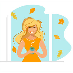 Wall Mural - A girl stands at the window and drinks hot coffee. Young woman looking at falling autumn leaves. Cozy home, hot coffee in warm hands. Home atmosphere. Vector illustration for postcards, print, web.