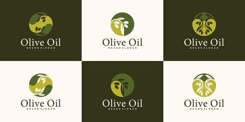 Wall Mural - Olive oil logo with leaf and water concept, olive branch with leaf drupe and business card Premium Vector