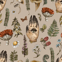 Wall Mural - Woodland treasures seamless pattern, green witch hand with all seeing eye, Amanita mushroom