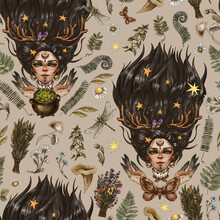 Vintage Mystic Witch Seamless Pattern, Magic Witchcraft, Green Witch Texture.
