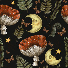 Vintage Magic Forest Botanical Seamless Pattern, Witchcraft Art, Amanita Mushroom