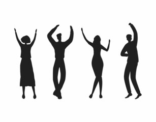 Wall Mural - Happy people are dancing. Black silhouettes of men and women on a white background. Vector illustration