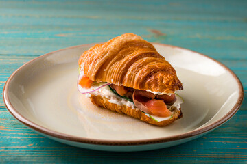 Sticker - Delicious brunch, breakfast croissant sandwich with salmon