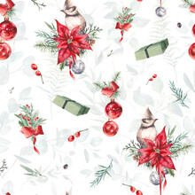 Watercolor Christmas Seamless Pattern. Hand Painted Texture With Birds, Christmas Bells, Poinsettia And Spruce Isolated On White Background. Merry Christmas Surface Design