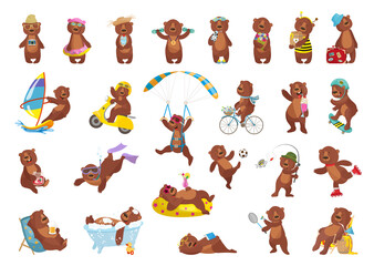 collection of cartoon illustrations with bear performing different actions. colorful cute character.