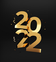 Wall Mural - 2022 Happy New Year. Golden numbers, 3d render illustration.