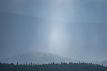 Wall Mural - sun rays and rain in the carpathian mountains in summer
