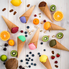 Canvas Print - different flavor ice creams with cone, ice cream scoops of different flavours