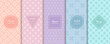 Vector minimalist seamless patterns collection. Set of simple bright colorful backgrounds with elegant minimal labels. Abstract geometric floral textures. Trendy color palette, pink, lilac, blue, mint