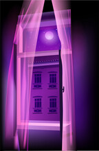 Vector Illustration Of Dreamy Pink Moon Seen Through The Window And Sheer Curtains From A Dark Room