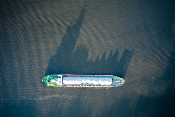 Top down aerial view directly above the loaded vessel