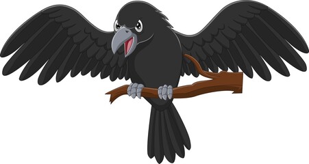 Wall Mural - Cartoon crow on a tree branch 