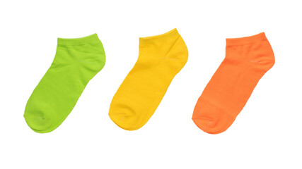 Wall Mural - Three multi-colored socks isolated on a white background. Flat lay.