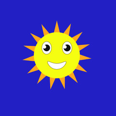  Yellow sun with orange rays and has eyes and smile on a dark background
