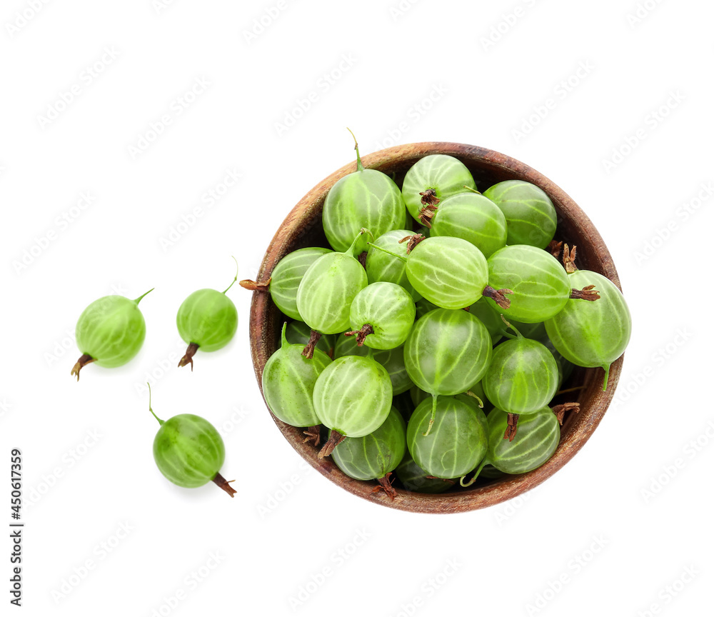 Bowl with fresh ripe gooseberry on white background