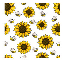 Vector Seamless Pattern With Bees And Sunflowers Isolated On White Background