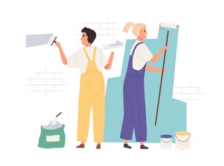 Poster - Painters dyeing wall with paint roller and brush tool. Happy workers painting building with paintbrush. People working and coloring brick. Flat vector illustration isolated on white background