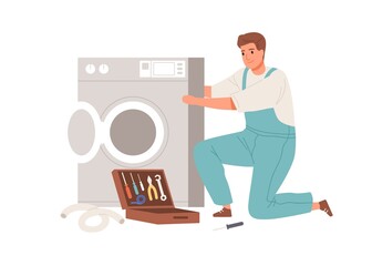 Poster - Repairman fixing broken washing machine. Plumber repairing washer. Electrician working with home appliance. Flat vector illustration of professional worker isolated on white background