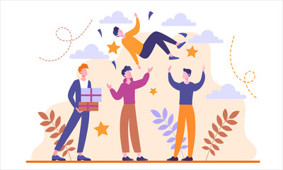 Young male characters are celebraing friends birthday together. Group of young people tossing friend up in the air with confetti flying around. Flat cartoon vector illustration