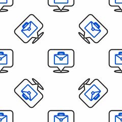 Poster - Line Online working icon isolated seamless pattern on white background. Freelancer man working on laptop at his house. Remote work. Distant job concept. Colorful outline concept. Vector