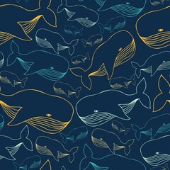 Vector seamless colorful lined illustration pattern of decorative cartoon whale on dark blue