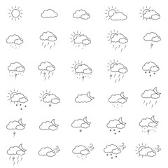 Wall Mural - Weather icons pack. Colorful weather forecast design elements, perfect for mobile apps and widgets. Contains icons of the sun, clouds, snowflakes, wind, rain and more. Icons pack.