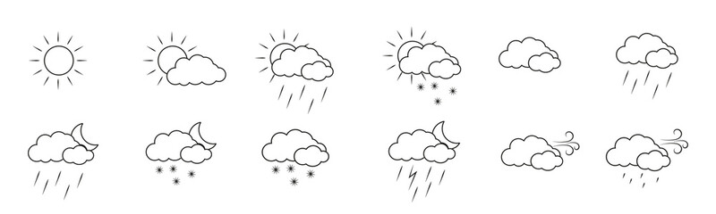 Wall Mural - Weather icons pack. Colorful weather forecast design elements, perfect for mobile apps and widgets. Contains icons of the sun, clouds, snowflakes, wind, rain and more. Icons pack.
