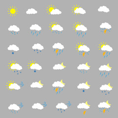 Wall Mural - Weather icons pack. Colorful weather forecast design elements, perfect for mobile apps and widgets. Contains icons of the sun, clouds, snowflakes, wind, rain and more. Icons pack.