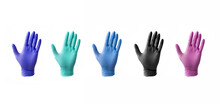 Assortment of nitrile or latex medical gloves isolated on white background with no hands