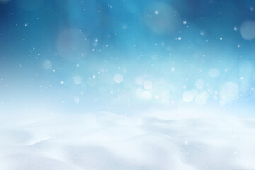 Poster - Light airy atmospheric beautiful New Year's and Christmas blue background with soft snowdrifts and falling small flakes of snow.