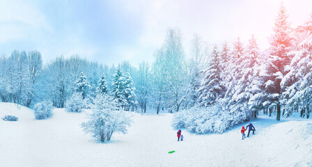 Aufkleber - Beautiful winter landscape with snow, forest snow-covered fir trees, blue sky and walking children with parents ​in shining sunny day. Wide panorama format.