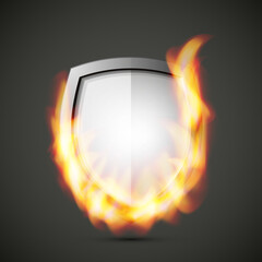 Wall Mural - Protected guard shield concept in flame. Safety badge smoke fire icon. Privacy banner shield. Security label. Defense tag flame. Presentation sticker flame shape. defense safeguard shield smoke