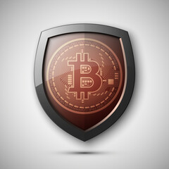 Protect HUD bitcoin. Digital shield currency money. Safe technology microchip mining worldwide network. Web banner bitcoin shield background microchip Physical protected bit coin Cryptocurrency shield