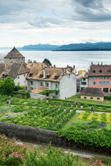 Wall Mural - View over the public gardens and rooftops of Nyon, Switzerland and Lac Leman