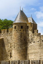 Witch's Hat Towers In The Cité Médiévale De Carcassonne, France. UNESCO World Heritage Site. 
