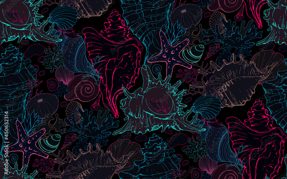 Vector seamless hand drawn pattern, isolated colorful line art of sea ...