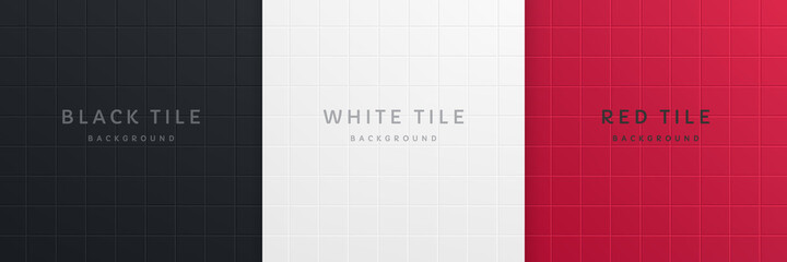 Wall Mural - Set of abstract 3dblack, white and red color square tile pattern design. Collection of geometric background with space for your text. Minimal wall scene studio room design. Vector illustration