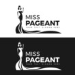 miss pageant logo - black and white The beauty queen pageant in long evening gown wearing a crown and motion hand vector design