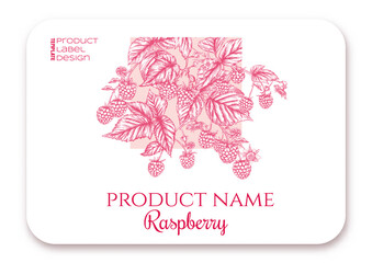 Wall Mural - Raspberry. Ripe berries on branch. Template for product label, cosmetic packaging. Easy to edit. Graphic drawing, engraving style. Vector illustration..