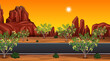 Long road through the desert landscape scene at sunset time