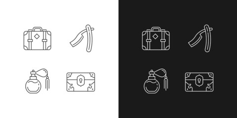 Sticker - Vintage collection linear icons set for dark and light mode. Leather suitcase. Straight razor. Treasure box. Customizable thin line symbols. Isolated vector outline illustrations. Editable stroke