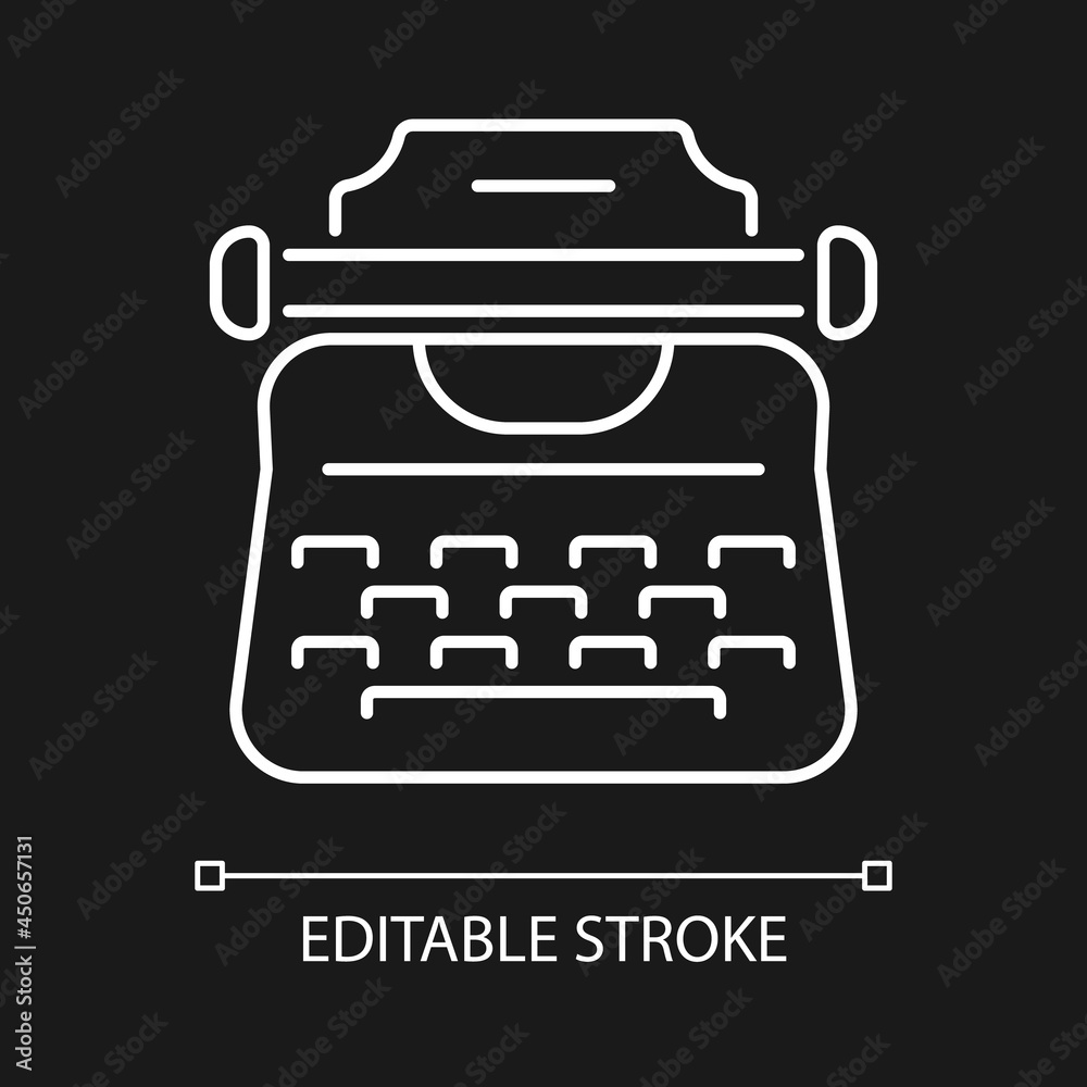 Vintage typewriter white linear icon for dark theme. Antique machine ...
