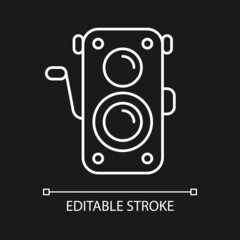 Sticker - Old photo camera white linear icon for dark theme. Optical instrument for visual image capturing. Thin line customizable illustration. Isolated vector contour symbol for night mode. Editable stroke