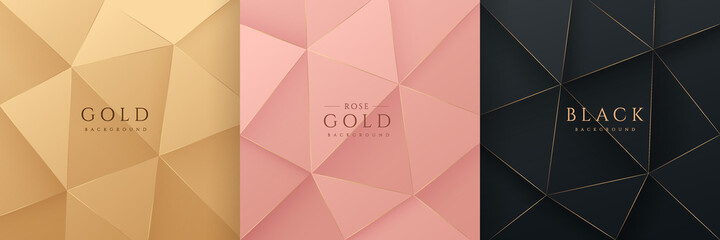 set of abstract 3d luxury gradient golden, pink gold and black low polygonal modern design. geometri