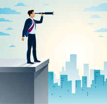Businessman Looking For Opportunities In Spyglass Standing On Top Peak Of Mountain Business Concept Vector Illustration, Successful Young Handsome Business Man Searches New Perspectives.