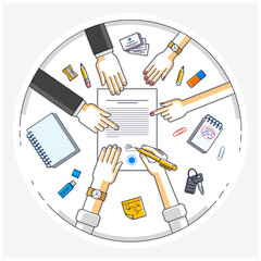 Poster - Businessman signs contract paper document or bank customer write a sign on financial form of money credit and employees helps him and explains the terms of loan, top view of people hands. Vector.