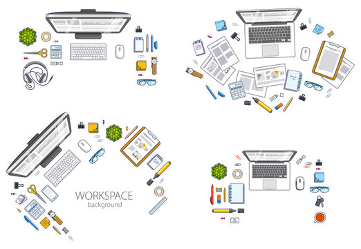 Office employee or entrepreneur work desks workplaces with PC and laptops and diverse stationery objects for work and analytics papers, top view. All elements are easy to use separately. Vector set.