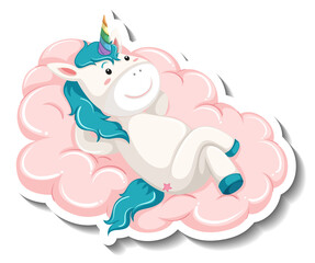 Sticker - Cute unicorn laying on the cloud on white background