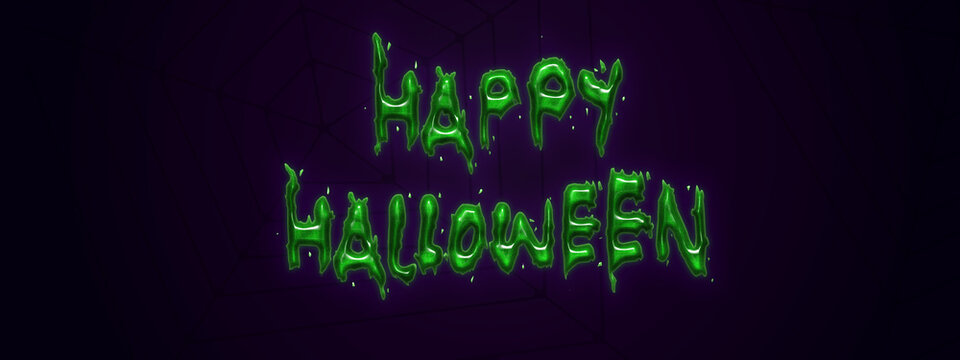 Happy Halloween greeting illustration. Green glitter glue creative calligraphy with a cobwebs in the background