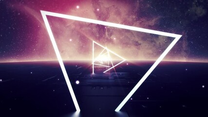 Wall Mural - nebula neon loop. travel passing neon light with star glow go to deep galaxy seamless loop.